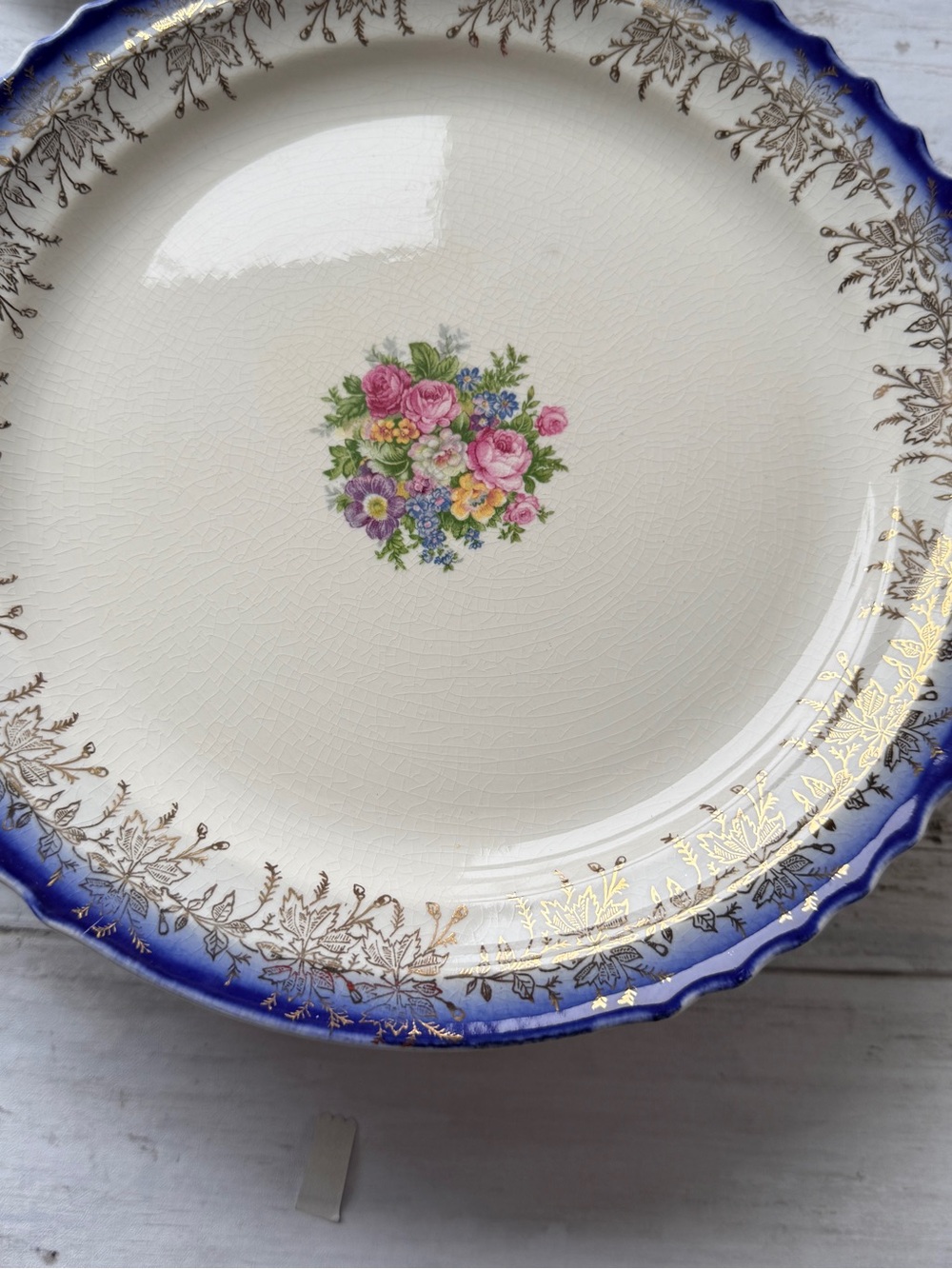 Vintage Floral Dinner Plate with Blue and cream